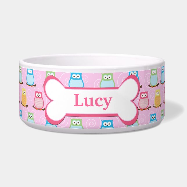 Trendy Pink Owls Gepersonaliseerd Pet Dog Food Bow Voerbakje (Voorkant)