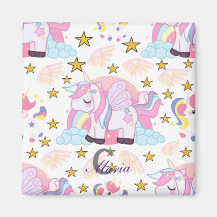 Trendy Pink Paars Gold Unicorn Naam Monogram Magneet