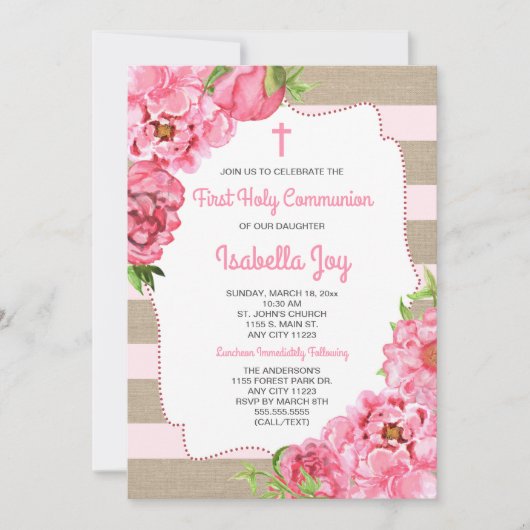 Trendy Pink Peonies First Heilige Communvas Kaart (Voorkant)