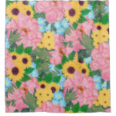 Trendy Pink Peonies Yellow Sunflower Waterverf Douchegordijn (Voorkant)