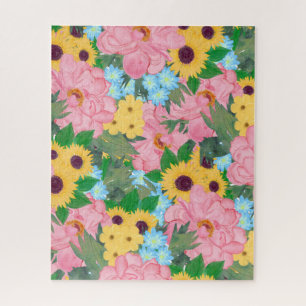 Trendy Pink Peonies Yellow Sunflower Waterverf Legpuzzel