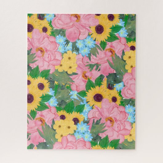 Trendy Pink Peonies Yellow Sunflower Waterverf Legpuzzel (Verticaal)