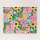Trendy Pink Peonies Yellow Sunflower Waterverf Legpuzzel (Horizontaal)