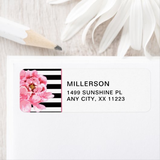 Trendy Pink Peonies + zwart wit streepjesadres Etiket (Insitu)