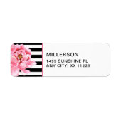 Trendy Pink Peonies + zwart wit streepjesadres Etiket (Voorkant)