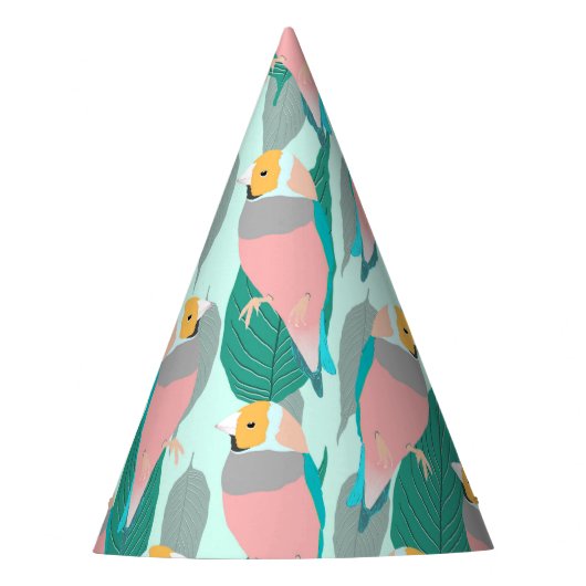 Trendy Pink Rainbow Finch Bird & Green Foliage Feesthoedjes (Voorkant)