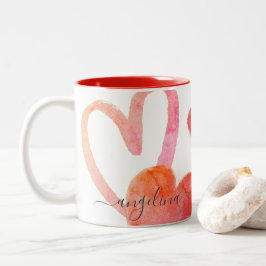 Trendy Pink & Red Hearts Monogram Valentijnse  Two Tweekleurige Koffiemok