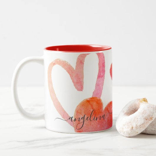 Trendy Pink & Red Hearts Monogram Valentijnse  Two Tweekleurige Koffiemok (Met donut)