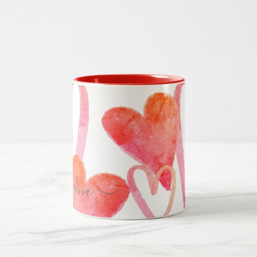 Trendy Pink & Red Hearts Monogram Valentijnse  Two Tweekleurige Koffiemok (Center)