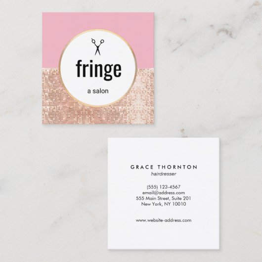 Trendy Pink Rose Gold Sequin Hair Stylist Salon Vierkante Visitekaartje (Voorkant / Achterkant)