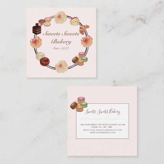 Trendy Pink Sweets Bakery Vierkante Visitekaartje (Voorkant / Achterkant)