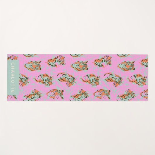 Trendy Pink Tiger Jungle Retro Personalized Name Yogamat (Voorkant (horizontaal))