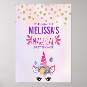 Trendy Pink Unicorn Confetti & Flowers Baby shower Poster