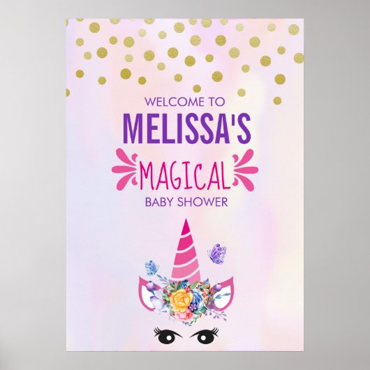 Trendy Pink Unicorn Confetti & Flowers Baby shower Poster (Voorkant)