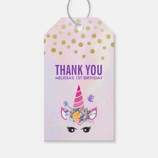 Trendy Pink Unicorn Confetti & Flowers Bedankt Cadeaulabel (Voorkant)