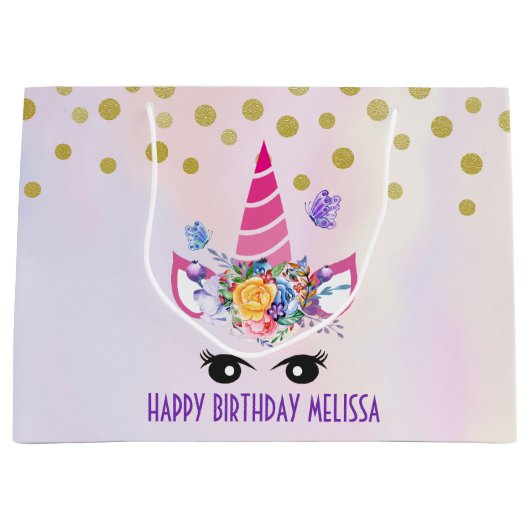 Trendy Pink Unicorn Confetti & Flowers Birthday Groot Cadeauzakje (Voorkant)