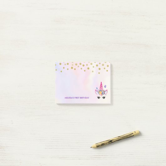 Trendy Pink Unicorn Confetti & Flowers Birthday Post-it® Notes (Op bureau)