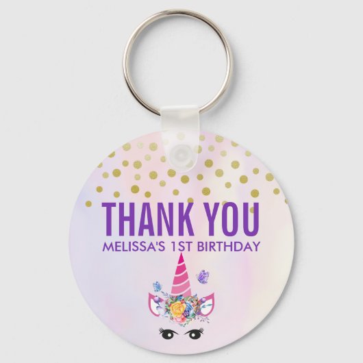 Trendy Pink Unicorn Confetti & Flowers Birthday Sleutelhanger (Voorkant)