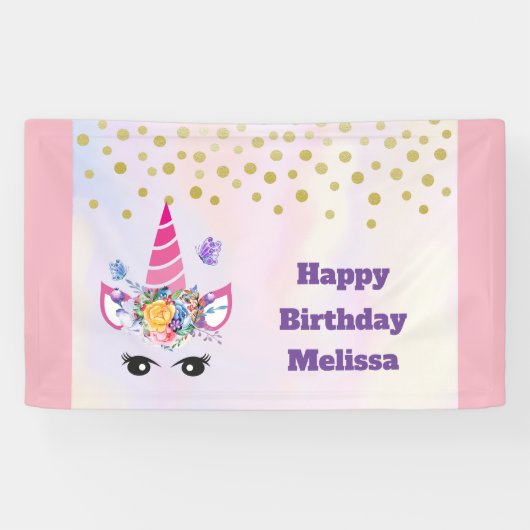 Trendy Pink Unicorn Confetti & Flowers Birthday Spandoek (Horizontaal)