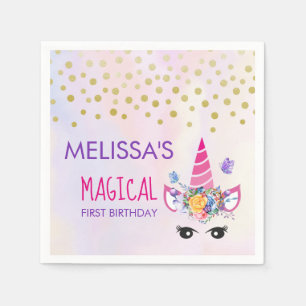 Trendy Pink Unicorn Confetti & Flowers First Birth Servet