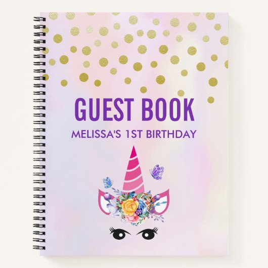 Trendy Pink Unicorn Confetti & Flowers Guest Book Notitieboek (Voorkant)