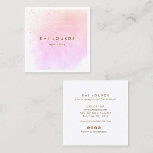 Trendy Pink Waterverf Planten Leaves Square Vierkante Visitekaartje (Voorkant / Achterkant)