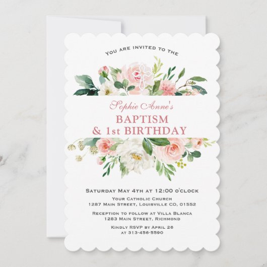 Trendy Pink White Floral Baptism First Birthday Kaart (Voorkant)