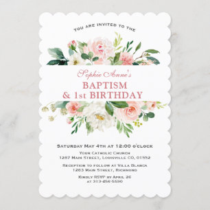 Trendy Pink White Floral Baptism First Birthday Kaart