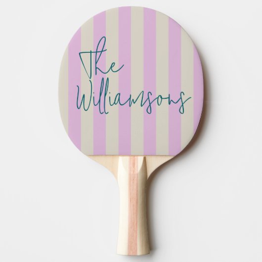 Trendy Pink White Stripes Custom Script Wedding Tafeltennisbatje (Voorkant)
