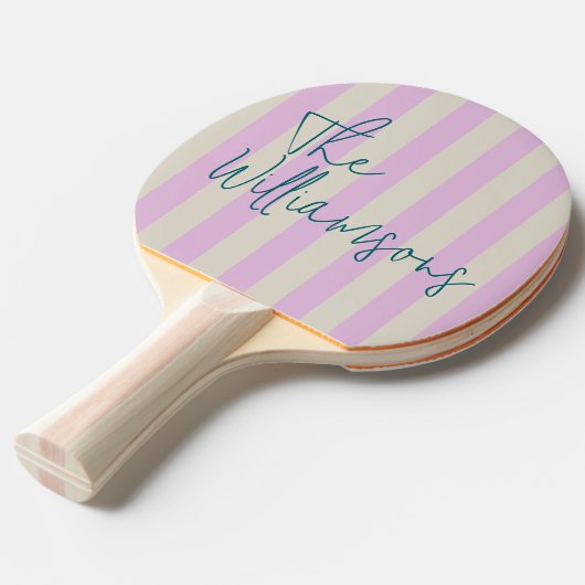Trendy Pink White Stripes Custom Script Wedding Tafeltennisbatje (Voorkant Gekanteld)