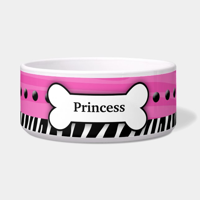 Trendy Pink Zebra Stripe Custom Pet Dog Food Bowl Voerbakje (Voorkant)
