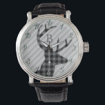 Trendy Plaid Herten en Grijs Gestreept Monogram Horloge<br><div class="desc">Stijlvol schuine hertenprofiel en grijs gestreept horloge met elegant monogram.</div>