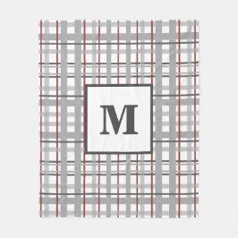 Trendy Plaid Red Silver Grey Monogram Fleece Deken