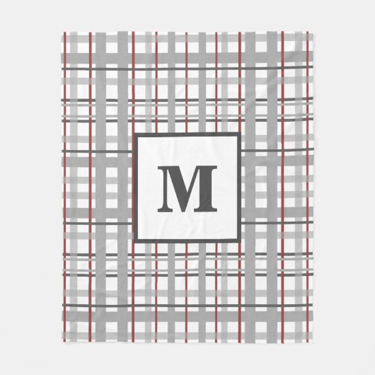 Trendy Plaid Red Silver Grey Monogram Fleece Deken (Voorkant)