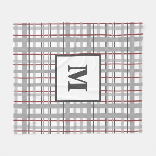 Trendy Plaid Red Silver Grey Monogram Fleece Deken (Voorkant (Horizontaal))