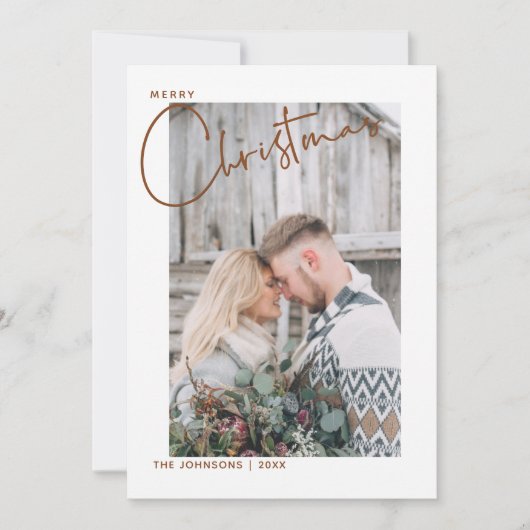 Trendy Plaid Vrolijk Kerstscript Foto Feestdagenkaart (Voorkant)