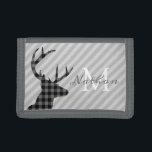 Trendy Play Deer en Grey Striped Personalized Drievoud Portemonnee<br><div class="desc">Stijlvol hertenprofiel en grijze gestreepte mapje met elegant monogram.</div>