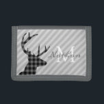 Trendy Play Deer en Grey Striped Personalized Drievoud Portemonnee<br><div class="desc">Stijlvol hertenprofiel en grijze gestreepte mapje met elegant monogram.</div>