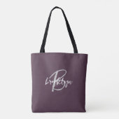 Trendy Plum Paarse Grijs Wit Script Monogram Tote Bag (Achterkant)