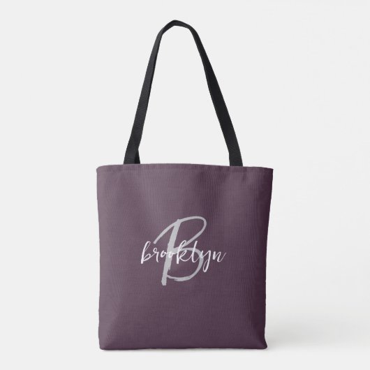 Trendy Plum Paarse Grijs Wit Script Monogram Tote Bag (Achterkant)