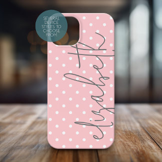 Trendy Polka Dot blush roze script grijs naam iPhone 15 Case
