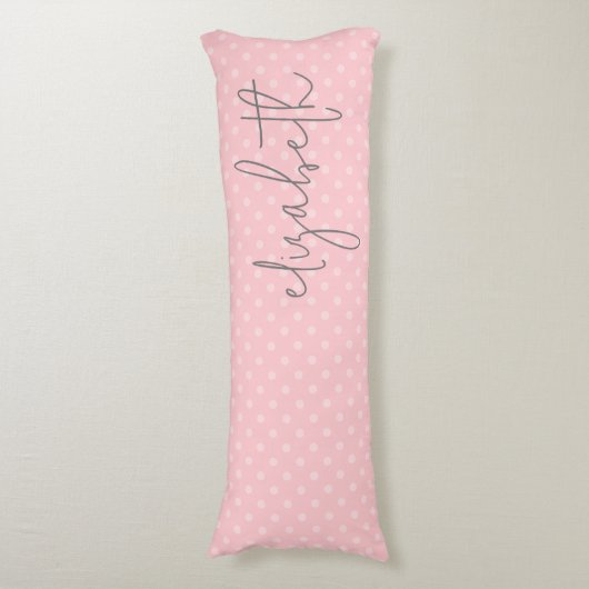 Trendy Polka Dot blush roze script grijs naam Lichaamskussen (Voorkant Verticaal)
