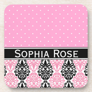 Trendy Polka Dot Damask Patroon met naam Bier Onderzetter