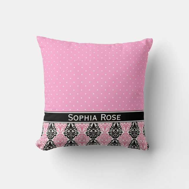 Trendy Polka Dot Damask Patroon met naam Kussen (Voorkant)