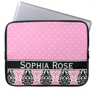 Trendy Polka Dot Damask Patroon met naam Laptop Sleeve