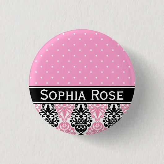 Trendy Polka Dot Damask Patroon met naam Ronde Button 3,2 Cm (Voorkant)