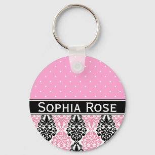 Trendy Polka Dot Damask Patroon met naam Sleutelhanger