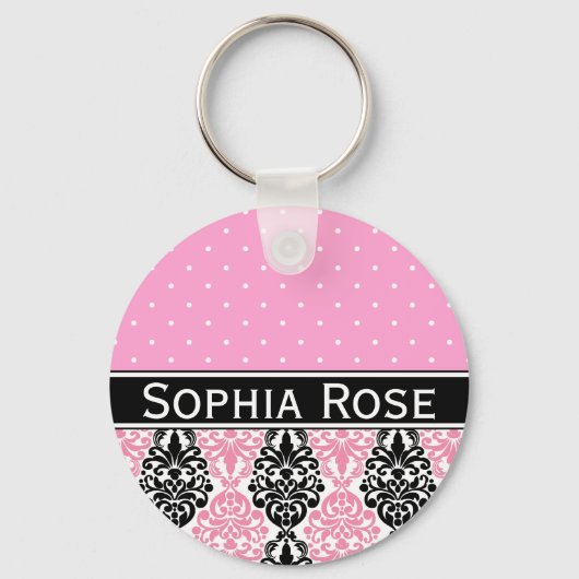 Trendy Polka Dot Damask Patroon met naam Sleutelhanger (Voorkant)