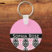 Trendy Polka Dot Damask Patroon met naam Sleutelhanger (Voorkant)