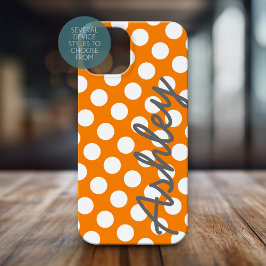 Trendy Polka Dot Pattern met naam - oranje grijs iPhone 15 Case